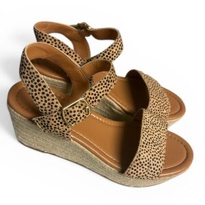 J. Crew Tan Leopard Calf Hair Wedge Espadrille Sandals Size 8